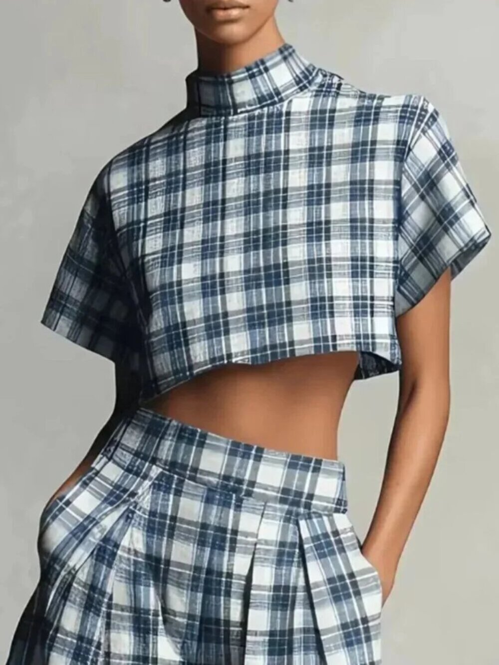 Blue & White Plaid Short Top + Wide Leg Pants Set - Picture 4 of 6
